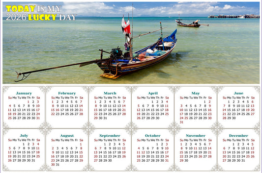 2026 Peel & Stick Calendar - Today is my Lucky Day - Removable - Thai Boat on a Beach (9"x 6")