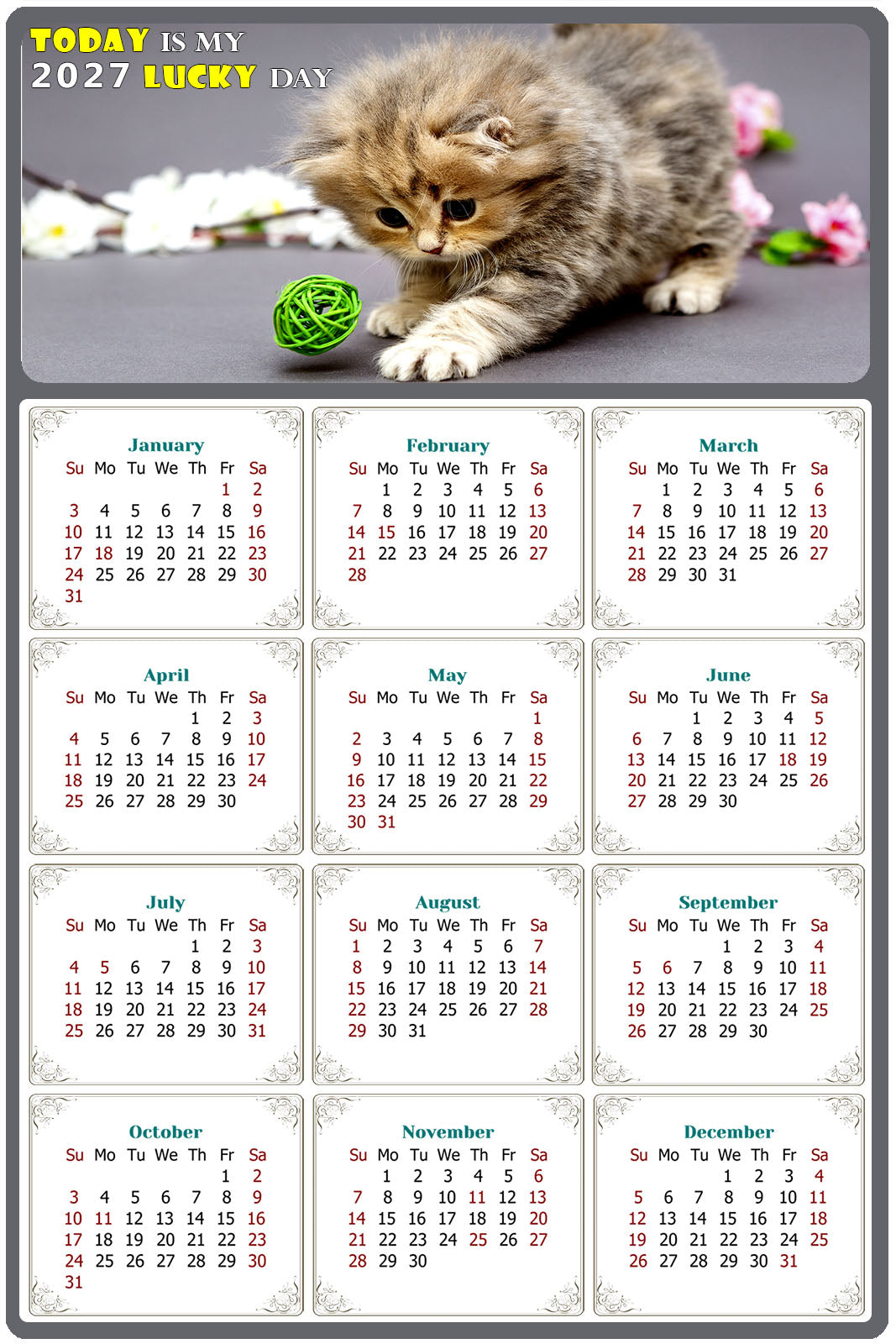 2027 Peel & Stick Calendar - Today is my Lucky Day Removable - Cat 017 (9"x 6")
