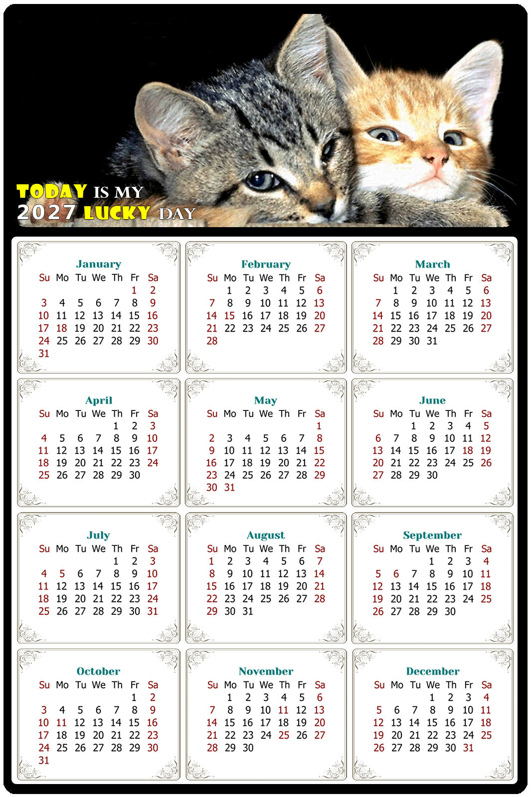 2027 Peel & Stick Calendar - Today is my Lucky Day Removable - Cat 010 (9"x 6")
