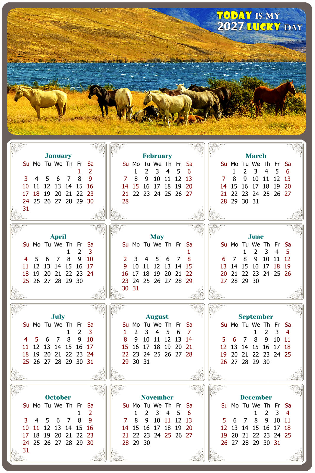 2027 Peel & Stick Calendar - Today is my Lucky Day Removable - Horses 012 (12"x 8")