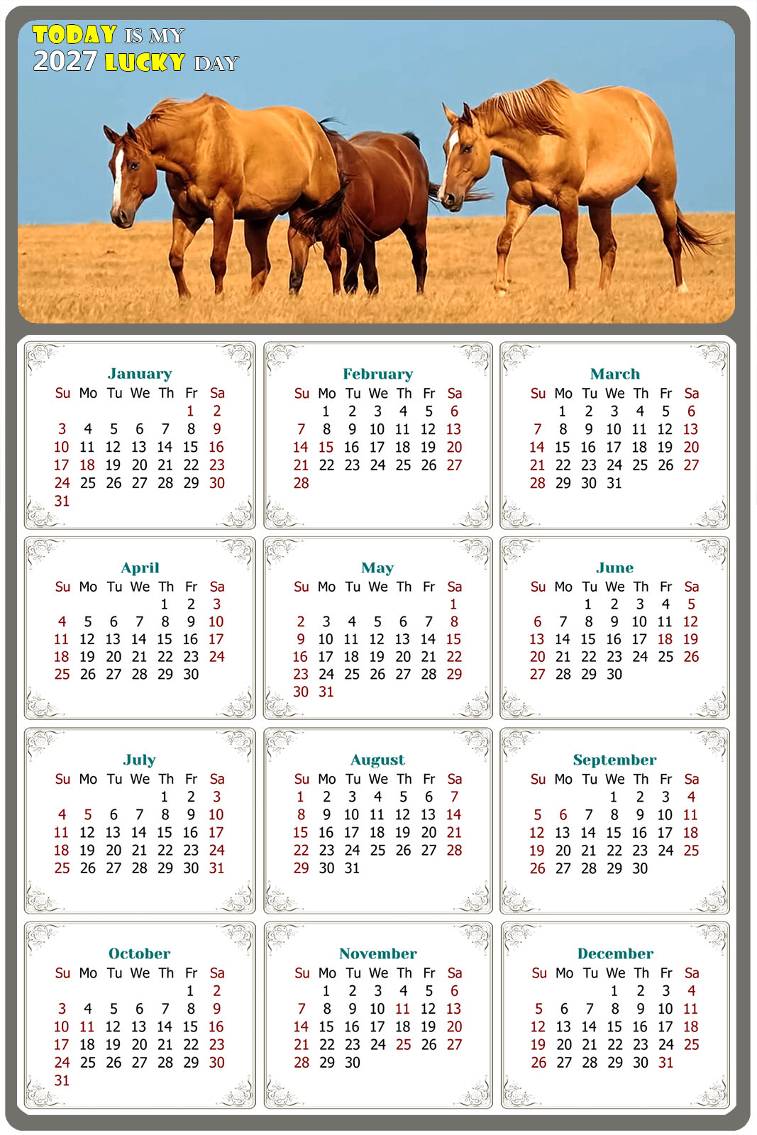 2027 Peel & Stick Calendar - Today is my Lucky Day Removable - Horses 017 (9"x 6")