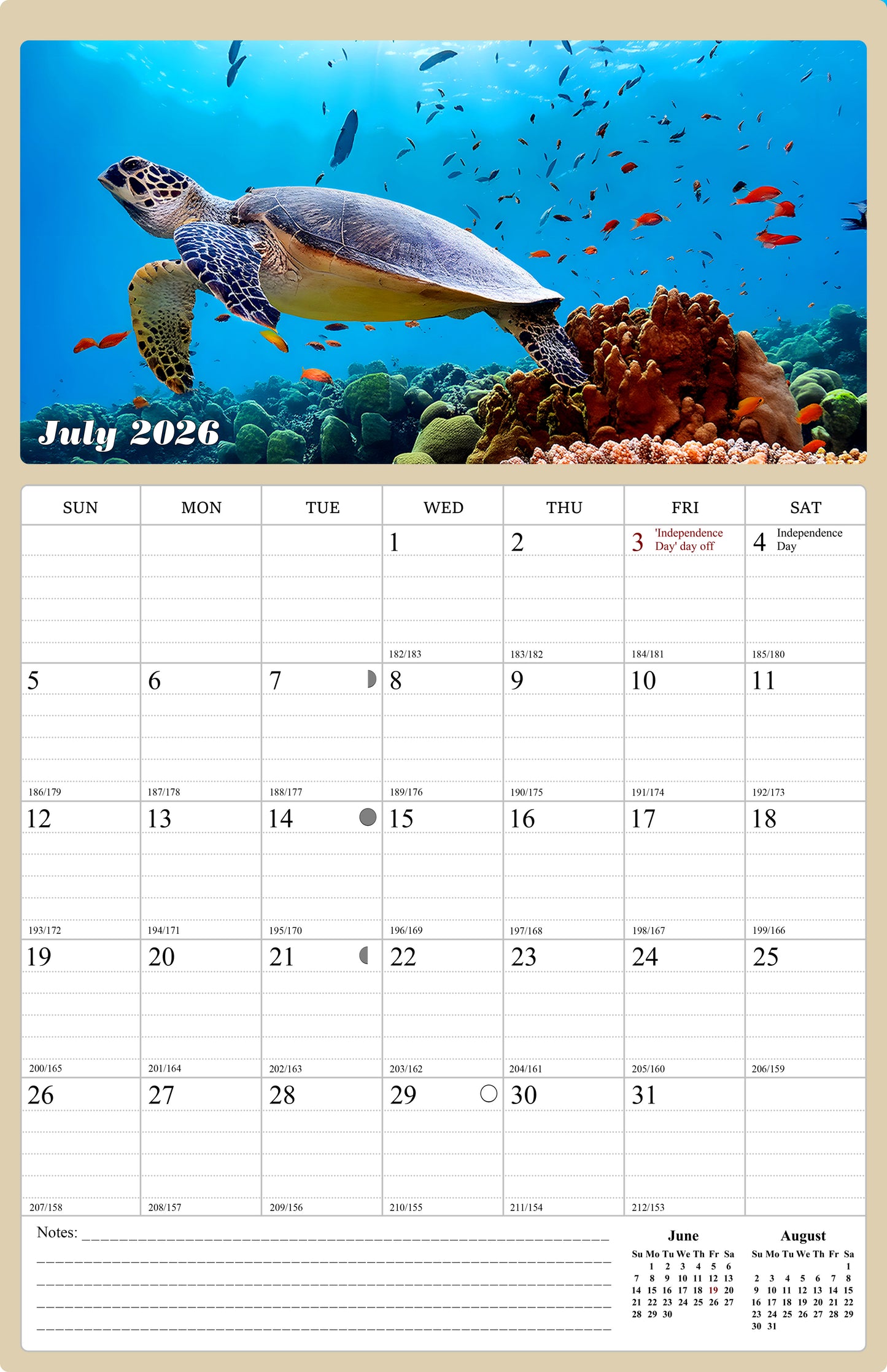 2026 - 2027 Wall Calendar Spiral-bound Twin-Wire Binding - 18 Months Planner - Large Ruled Blocks with Julian Dates - (Turtles)