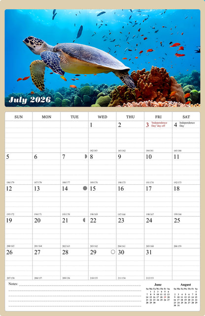 2026 - 2027 Wall Calendar Spiral-bound Twin-Wire Binding - 18 Months Planner - Large Ruled Blocks with Julian Dates - (Turtles)