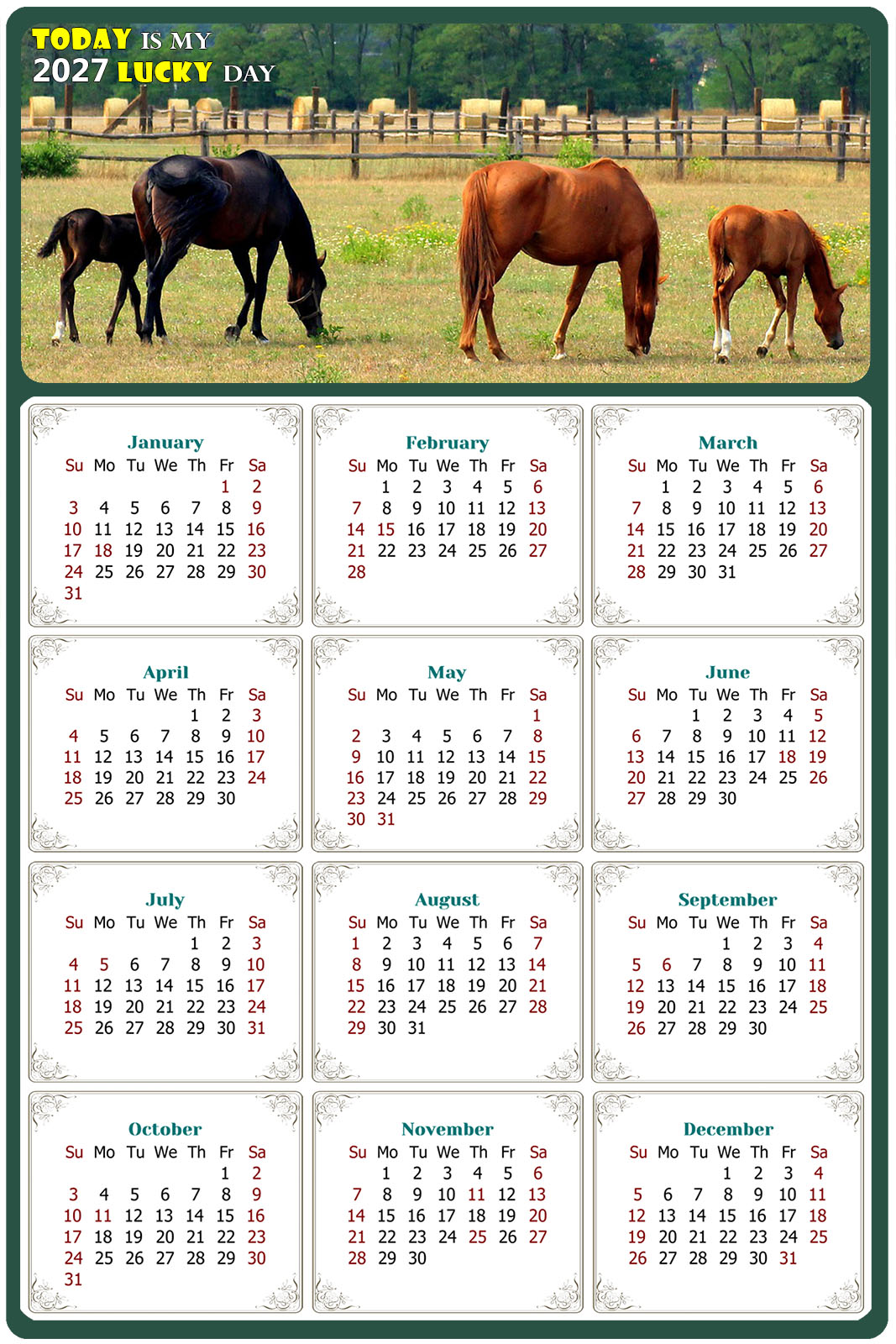 2027 Peel & Stick Calendar - Today is my Lucky Day Removable - Horses 010 (12"x 8")