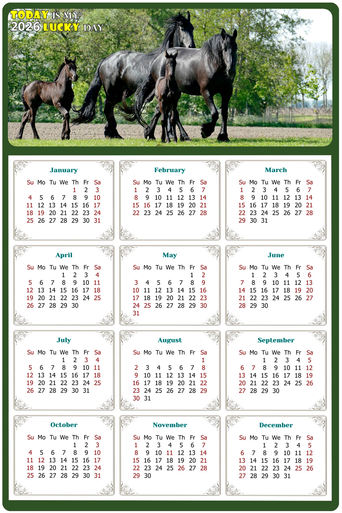 2026 Magnetic Calendar - Calendar Magnets - Today is my Lucky Day - (Fade, Tear, and Water Resistant) - Horses Themed 05