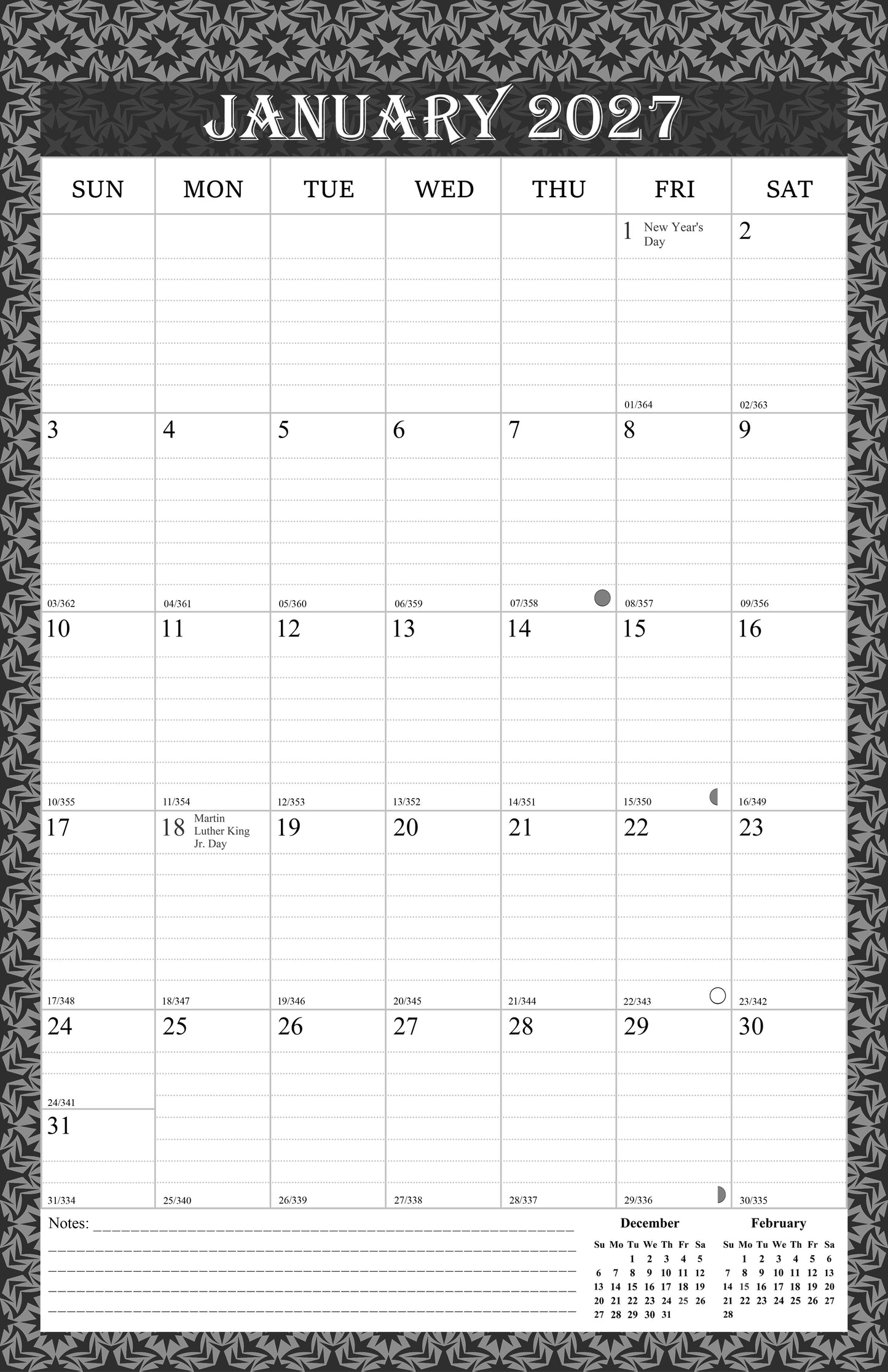 2027 Wall Calendar Spiral-Bound Twin-Wire Binding - 12 Months  014 B&W