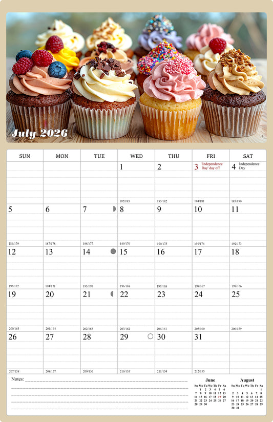 2026 - 2027 Wall Calendar Spiral-bound Twin-Wire Binding - 18 Months Planner - Large Ruled Blocks with Julian Dates - (Cupcakes)
