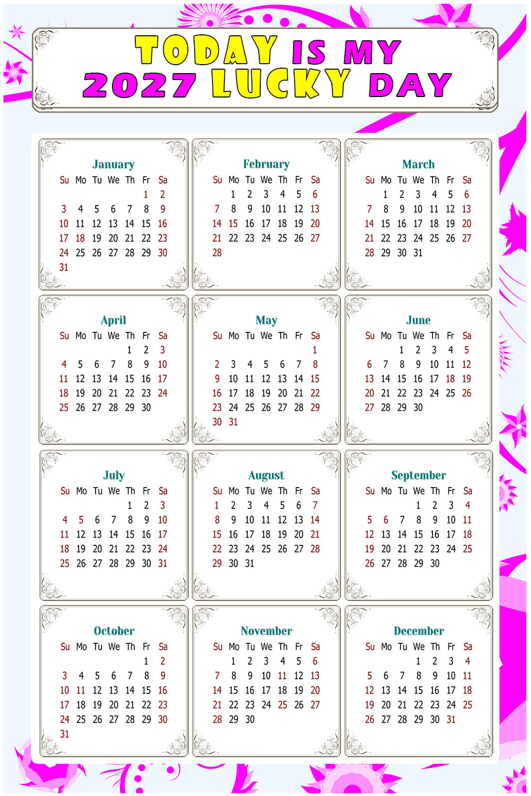 2027 Peel & Stick Calendar - Today is my Lucky Day Removable - 04