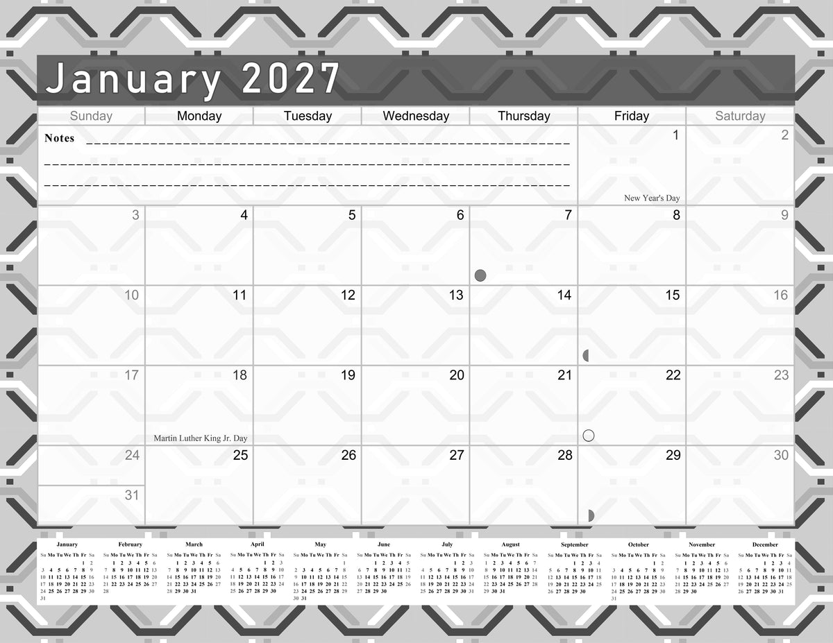 2026-2027 Monthly Spiral-Bound Wall/Desk Calendar - Desktop/Wall Blotter Calendar/Planner - (Edition Geometric B&W #04)