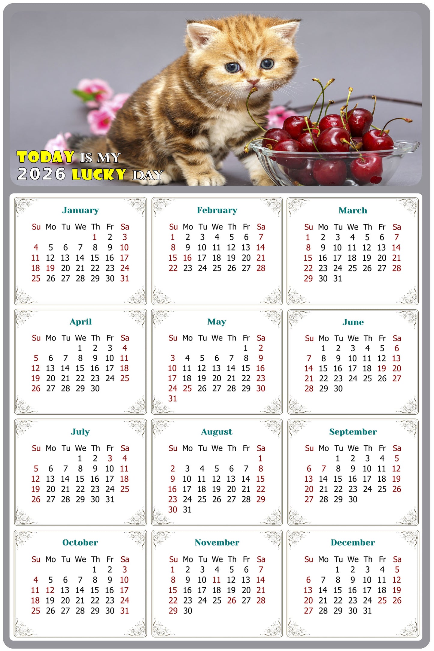 2026 Peel & Stick Calendar - Today is my Lucky Day Removable - Cat 016 (9"x 6")