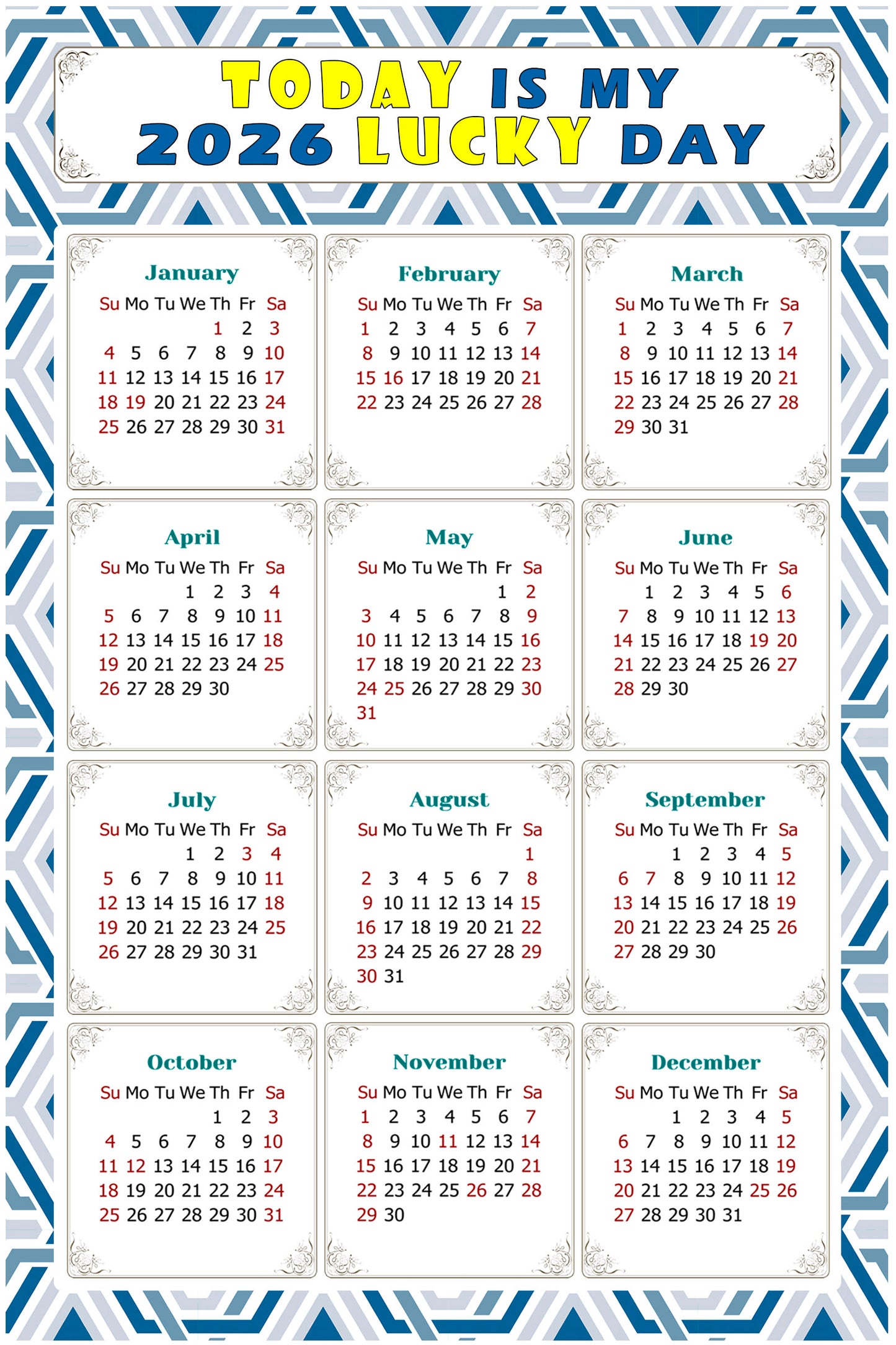 2026 Magnetic Calendar - Calendar Magnets - Today is my Lucky Day - (Fade, Tear, and Water Resistant) - Themed 038