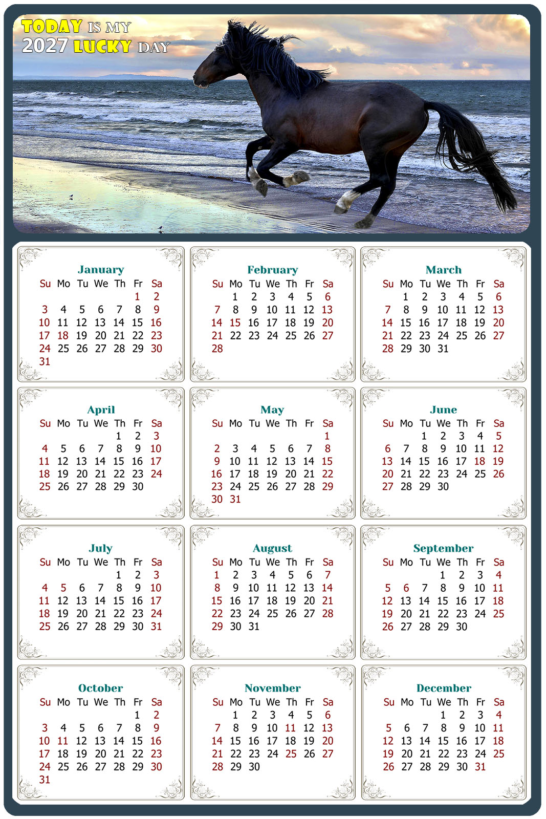 2027 Peel & Stick Calendar - Today is my Lucky Day Removable - Horses 015 (12"x 8")