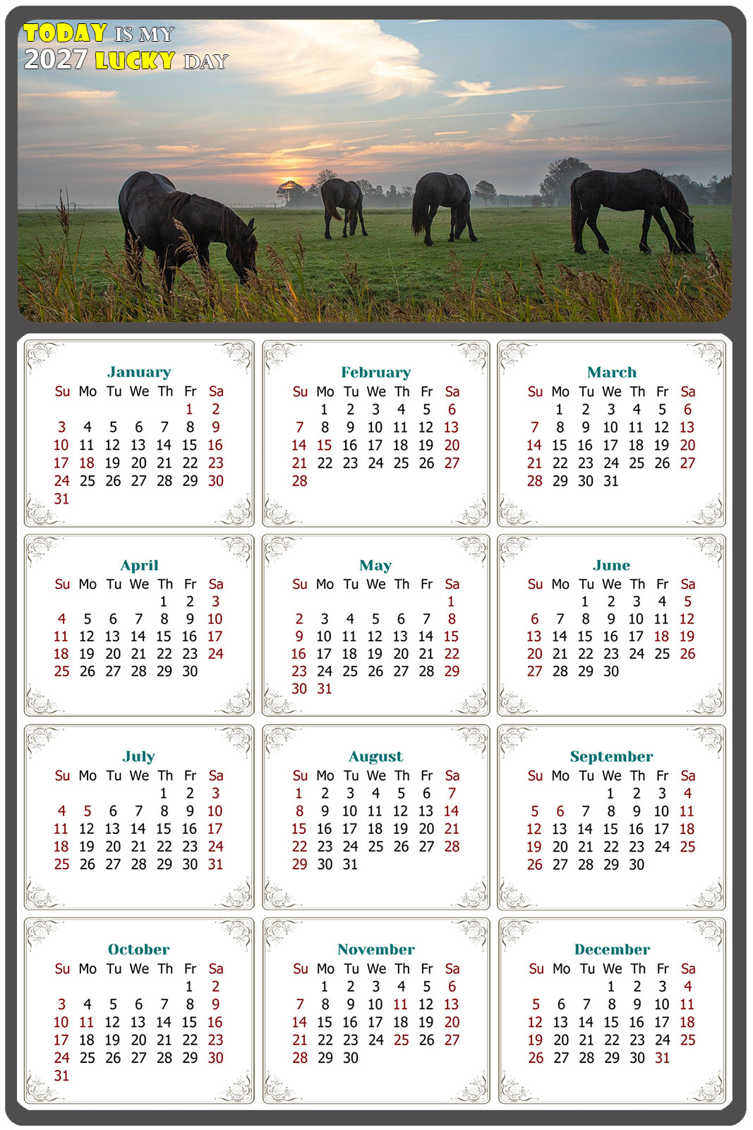 2027 Peel & Stick Calendar - Today is my Lucky Day Removable - Horses 04 (12"x 8")