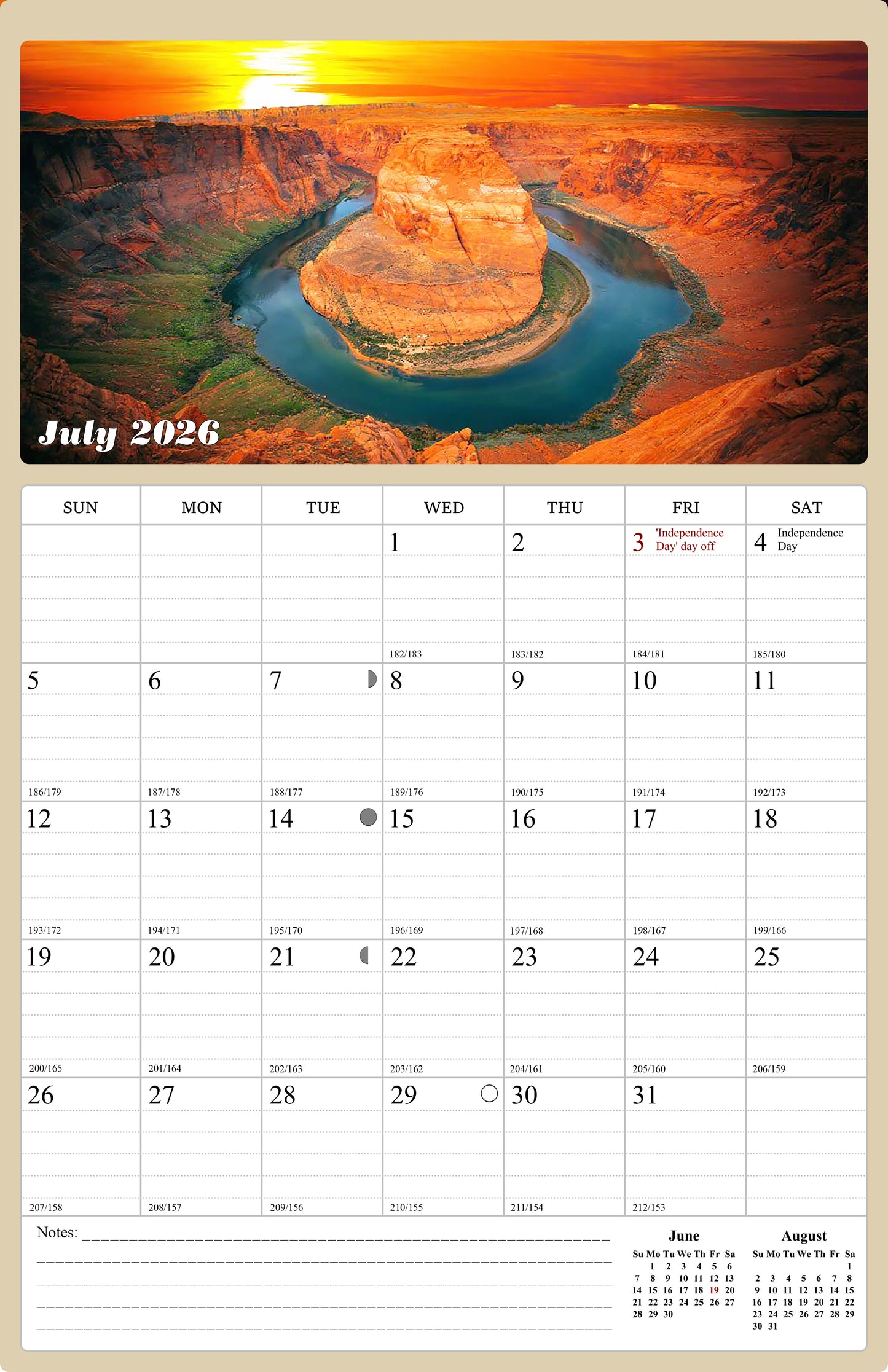 2026 - 2027 Wall Calendar Spiral-bound Twin-Wire Binding - 18 Months Planner - Large Ruled Blocks with Julian Dates - (Sunset&Sunrise)