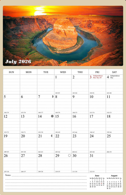 2026 - 2027 Wall Calendar Spiral-bound Twin-Wire Binding - 18 Months Planner - Large Ruled Blocks with Julian Dates - (Sunset&Sunrise)