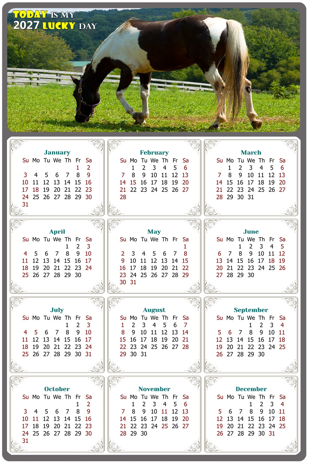 2027 Magnetic Calendar - Calendar Magnets - Today is my Lucky Day - (Fade, Tear, and Water Resistant) - Horses Themed 020