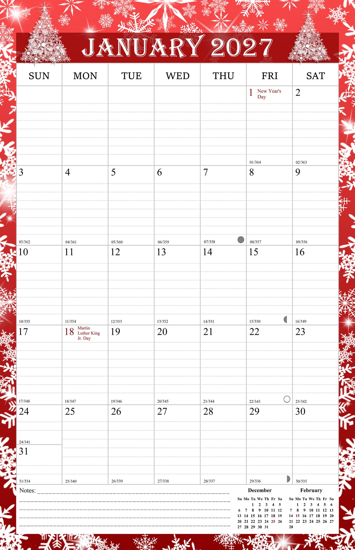 2027 Wall Calendar Spiral-Bound Twin-Wire Binding - 12 Months  12 (Holidays)