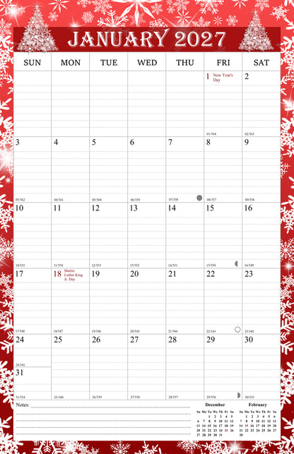 2027 Wall Calendar Spiral-Bound Twin-Wire Binding - 12 Months  12 (Holidays)