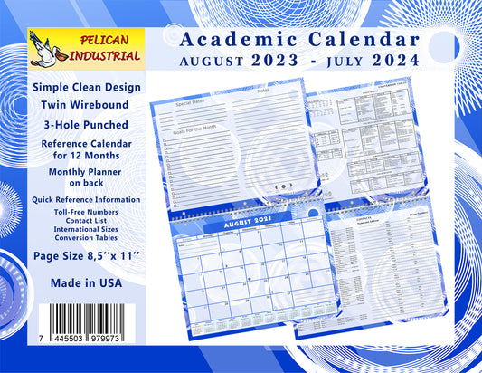 2023-2024 Academic Year 12 Months Student Calendar/Planner for Wall & Desk & 3-Ring Binder, for School, Teacher, Student (Blue Fractal Edition #013)