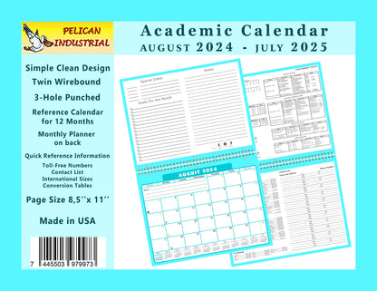 2024-2025 Academic Year 12 Months Student Calendar/Planner for Wall & Desk & 3-Ring Binder, for School, Teacher, Student (Edition #06)
