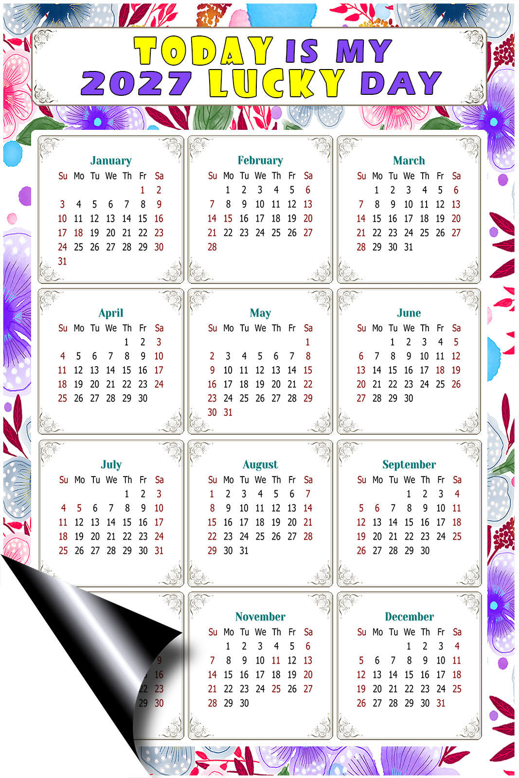 2027 Magnetic Calendar - Calendar Magnets - Today is my Lucky Day - (Fade, Tear, and Water Resistant) - Themed 017