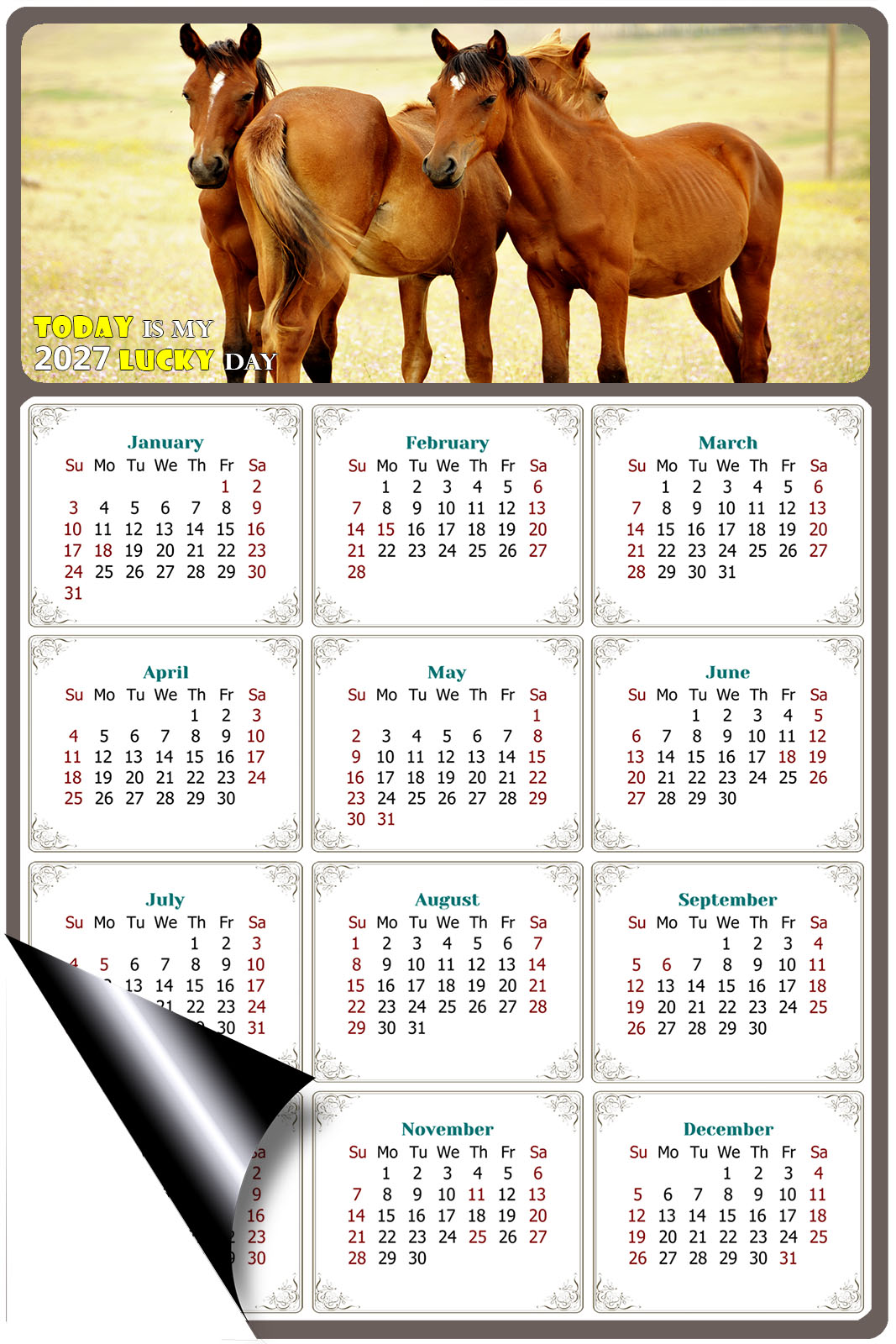 2027 Magnetic Calendar - Calendar Magnets - Today is my Lucky Day - (Fade, Tear, and Water Resistant) - Horses Themed 014