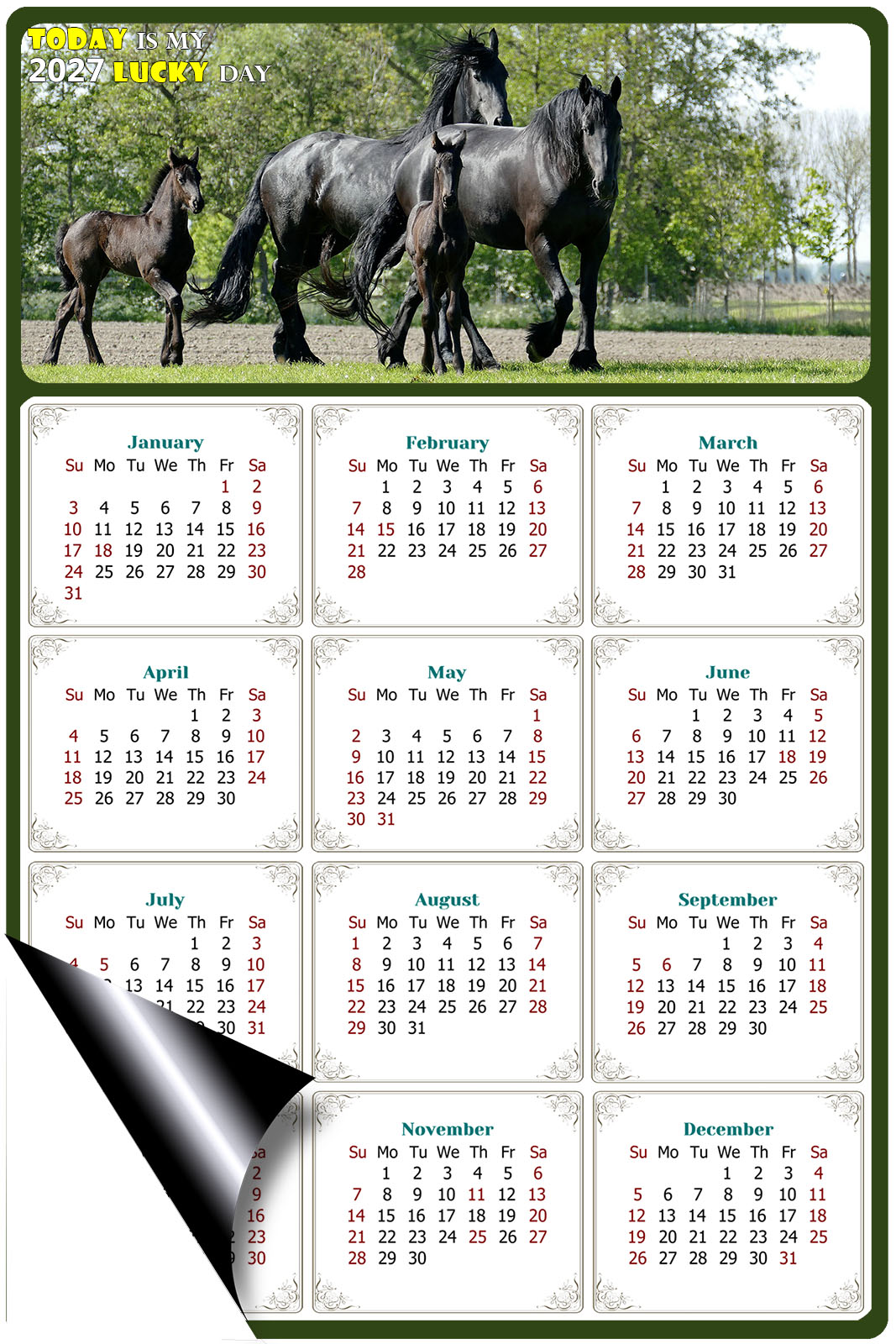 2027 Magnetic Calendar - Calendar Magnets - Today is my Lucky Day - (Fade, Tear, and Water Resistant) - Horses Themed 05