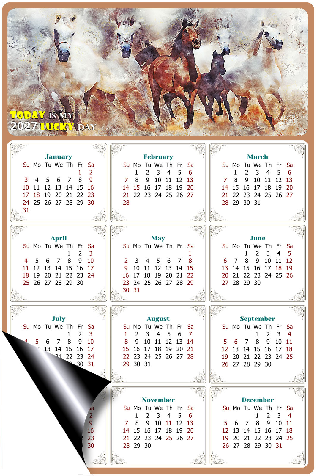 2027 Magnetic Calendar - Calendar Magnets - Today is my Lucky Day - (Fade, Tear, and Water Resistant) - Horses Themed 09