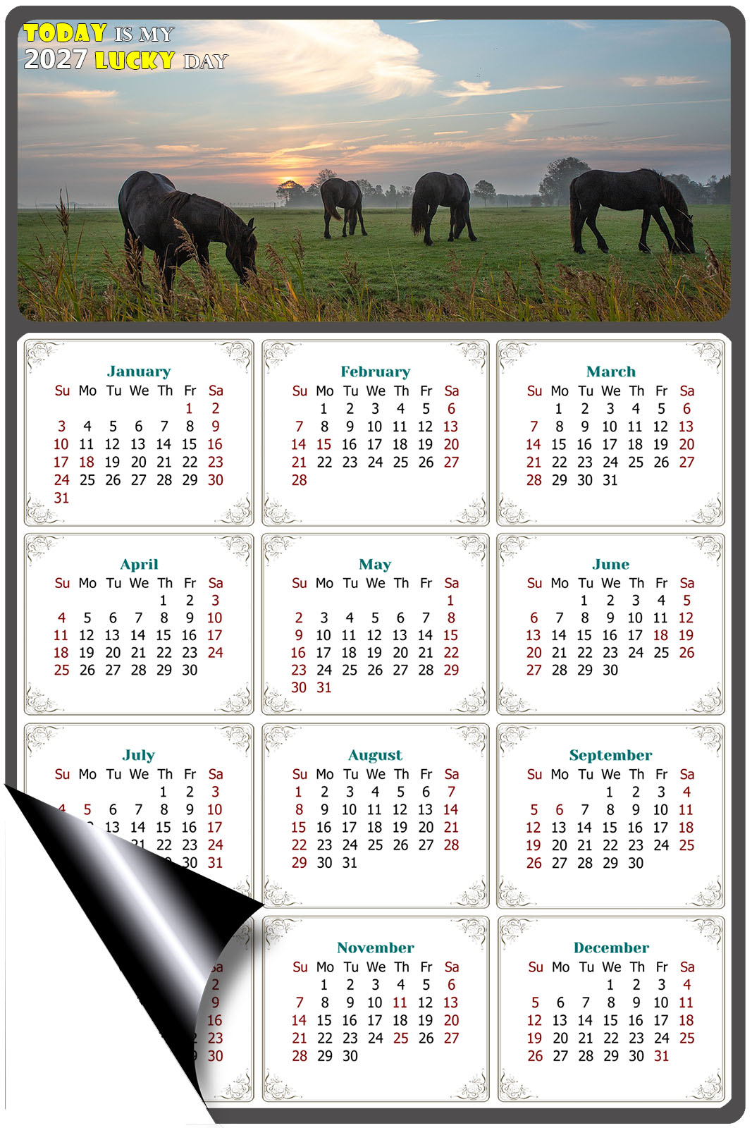 2027 Magnetic Calendar - Calendar Magnets - Today is my Lucky Day - (Fade, Tear, and Water Resistant) - Horses Themed 04