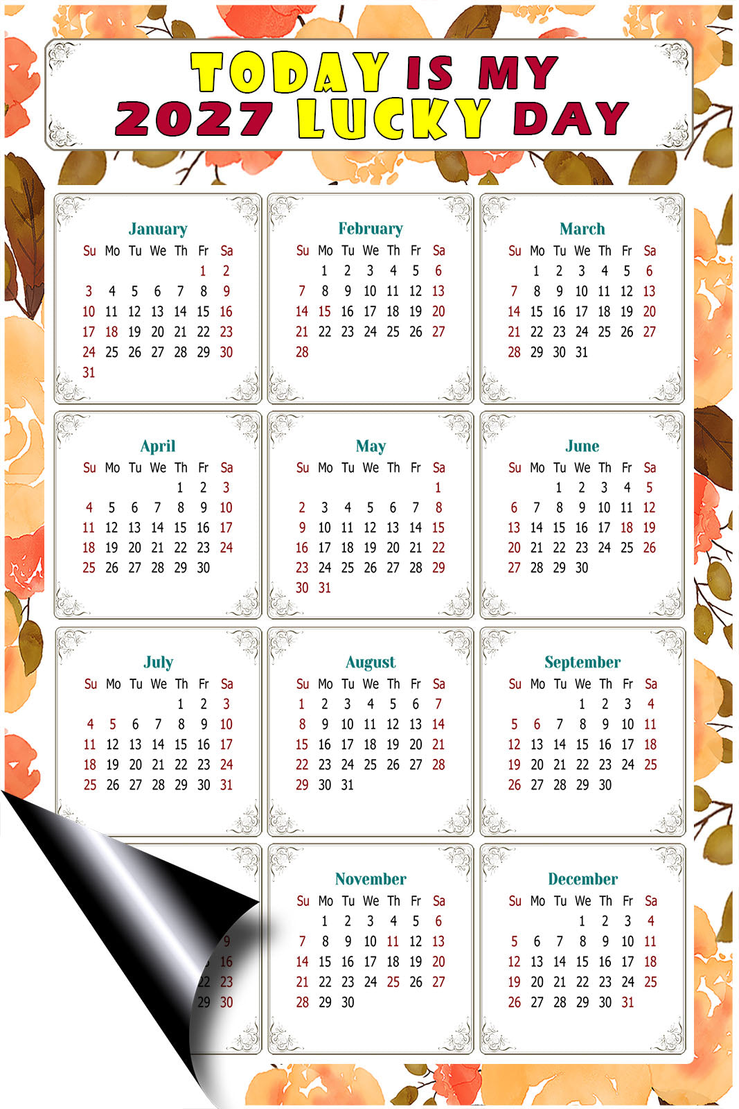 2027 Magnetic Calendar - Calendar Magnets - Today is my Lucky Day - (Fade, Tear, and Water Resistant) - Themed 022