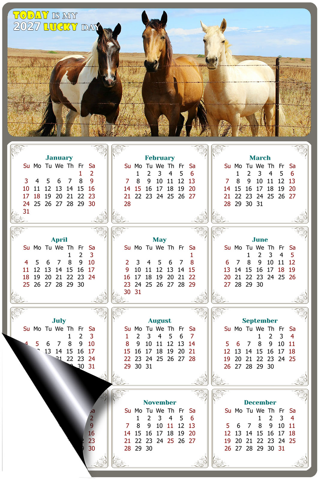 2027 Magnetic Calendar - Calendar Magnets - Today is my Lucky Day - (Fade, Tear, and Water Resistant) - Horses Themed 07