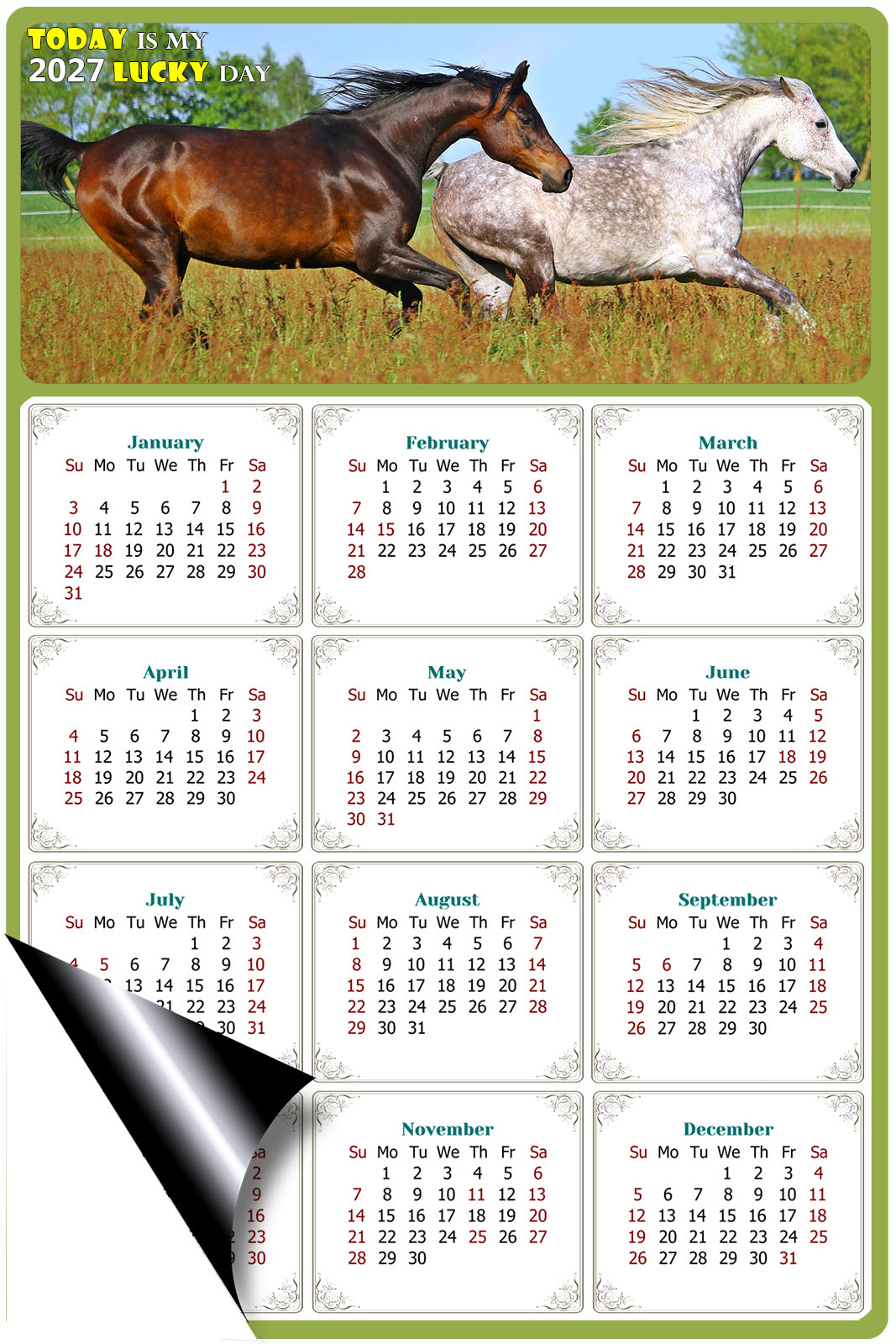 2027 Magnetic Calendar - Calendar Magnets - Today is my Lucky Day - (Fade, Tear, and Water Resistant) - Horses Themed 03