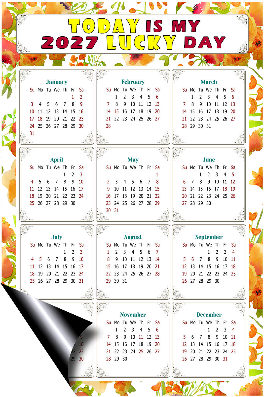 2027 Magnetic Calendar - Calendar Magnets - Today is my Lucky Day - (Fade, Tear, and Water Resistant) - Themed 021
