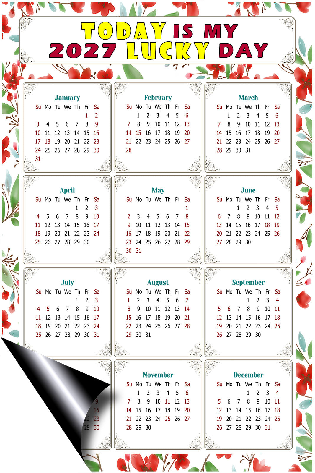 2027 Magnetic Calendar - Calendar Magnets - Today is my Lucky Day - (Fade, Tear, and Water Resistant) - Themed 020