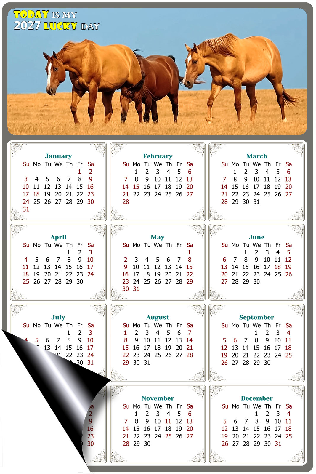 2027 Magnetic Calendar - Calendar Magnets - Today is my Lucky Day - (Fade, Tear, and Water Resistant) - Horses Themed 017