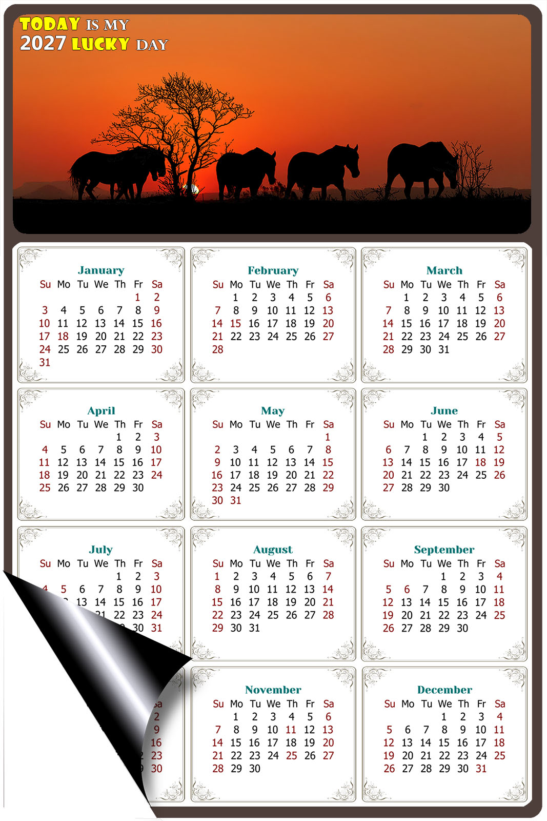 2027 Magnetic Calendar - Calendar Magnets - Today is my Lucky Day - (Fade, Tear, and Water Resistant) - Horses Themed 011
