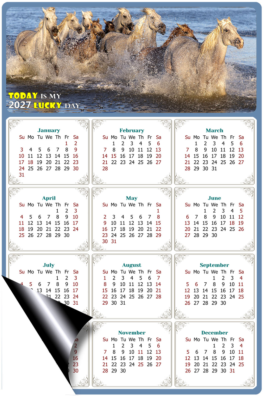 2027 Magnetic Calendar - Calendar Magnets - Today is my Lucky Day - (Fade, Tear, and Water Resistant) - Horses Themed 08