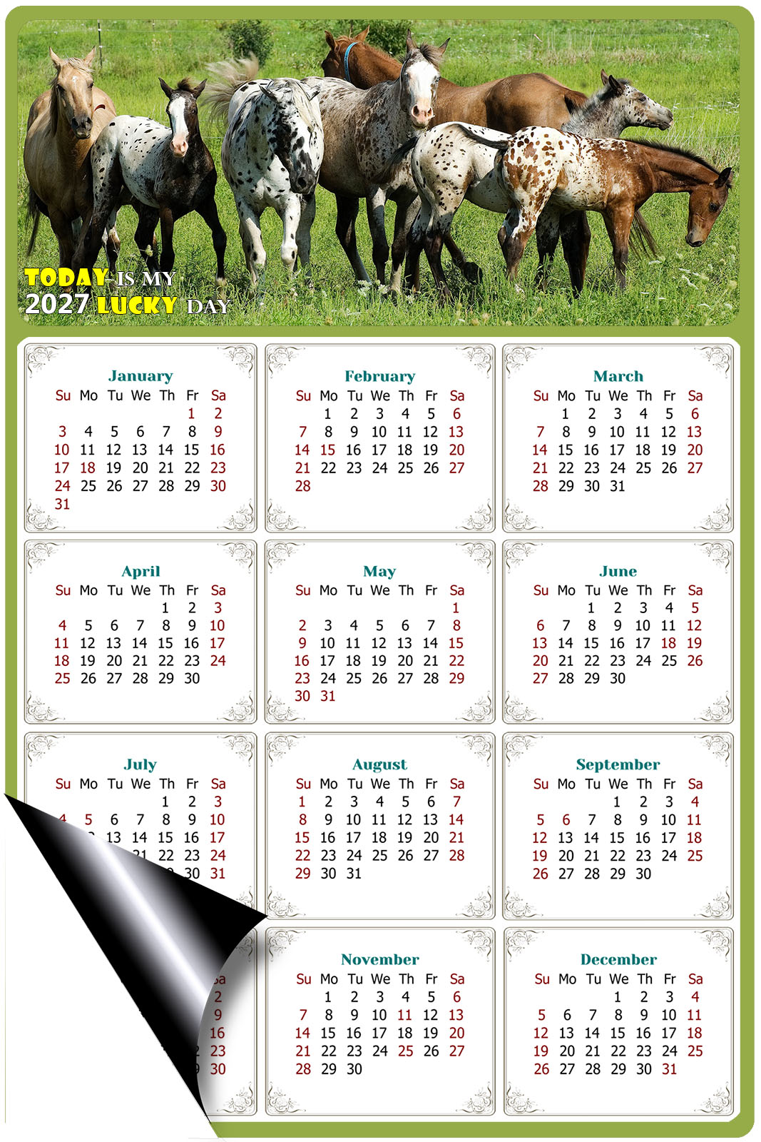 2027 Magnetic Calendar - Calendar Magnets - Today is my Lucky Day - (Fade, Tear, and Water Resistant) - Horses Themed 02