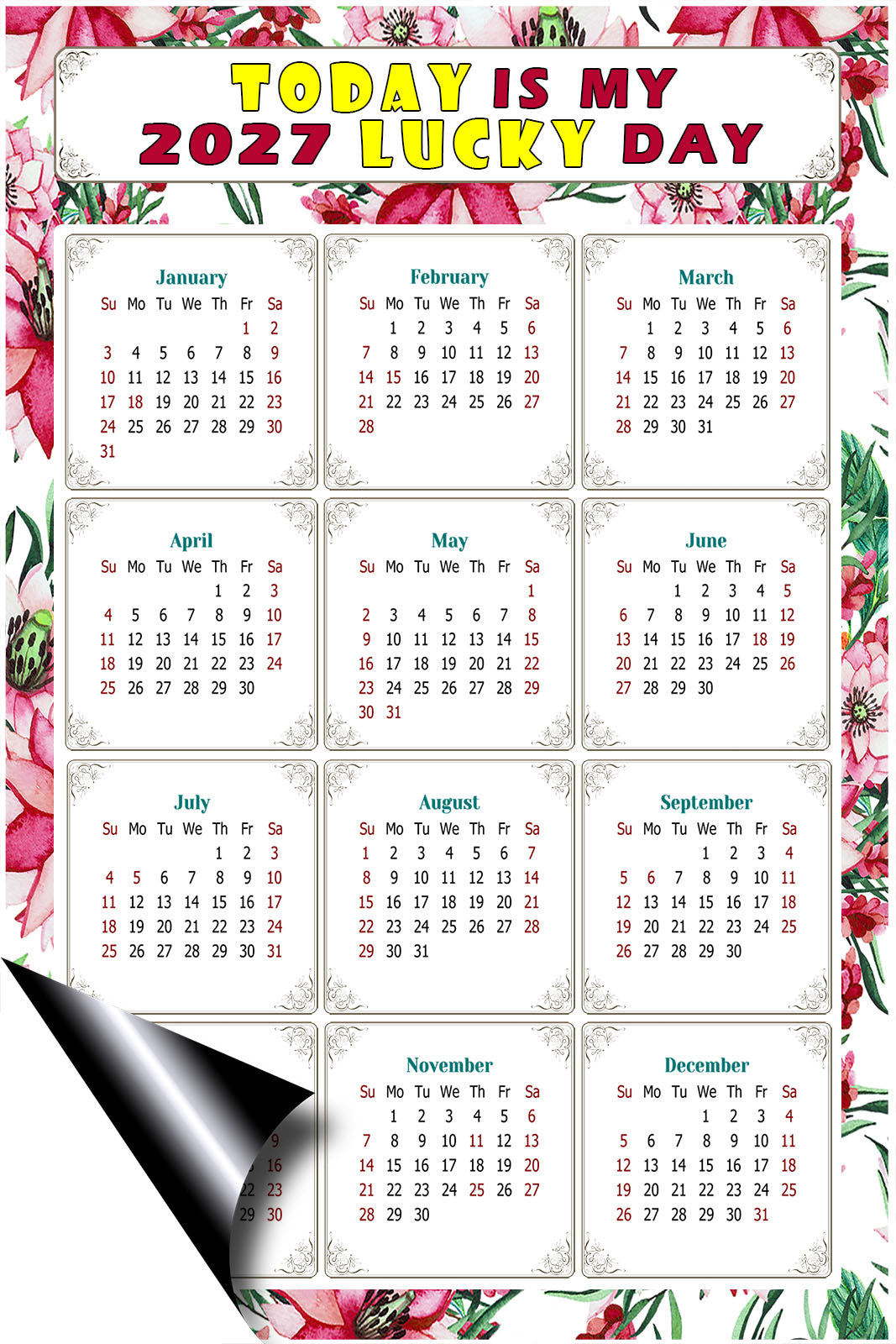 2027 Magnetic Calendar - Calendar Magnets - Today is my Lucky Day - (Fade, Tear, and Water Resistant) - Themed 018