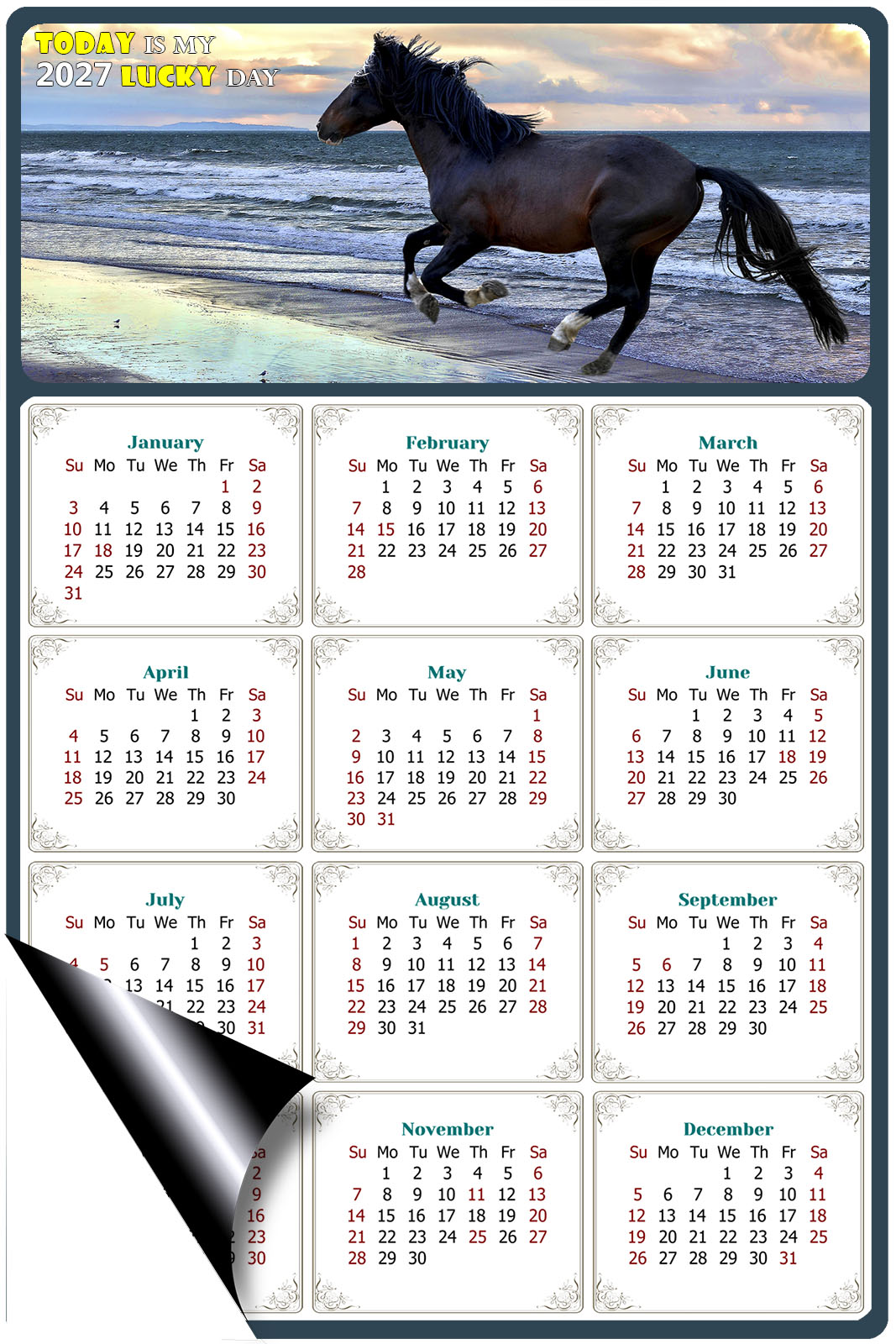 2027 Magnetic Calendar - Calendar Magnets - Today is my Lucky Day - (Fade, Tear, and Water Resistant) - Horses Themed 015