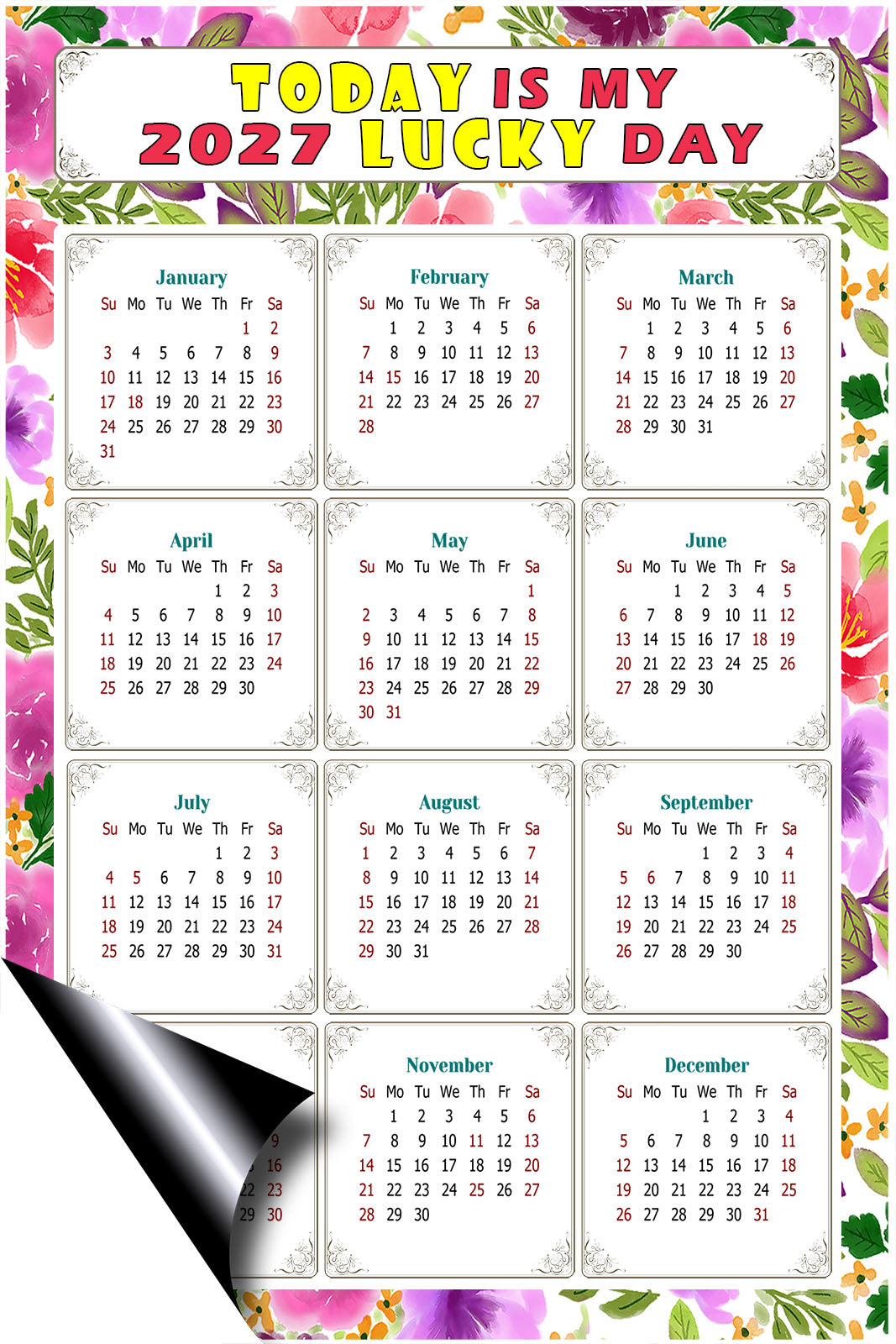 2027 Magnetic Calendar - Calendar Magnets - Today is my Lucky Day - (Fade, Tear, and Water Resistant) - Themed 023