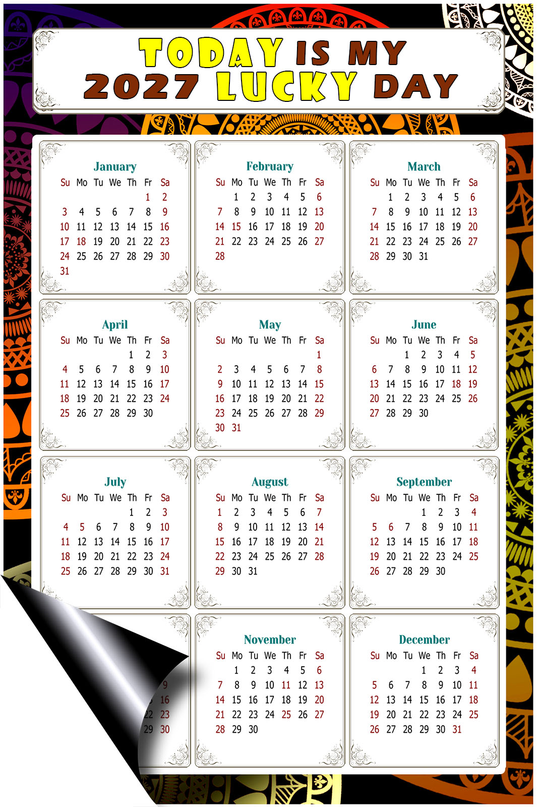 2027 Magnetic Calendar - Calendar Magnets - Today is my Lucky Day - (Fade, Tear, and Water Resistant) - Themed 07