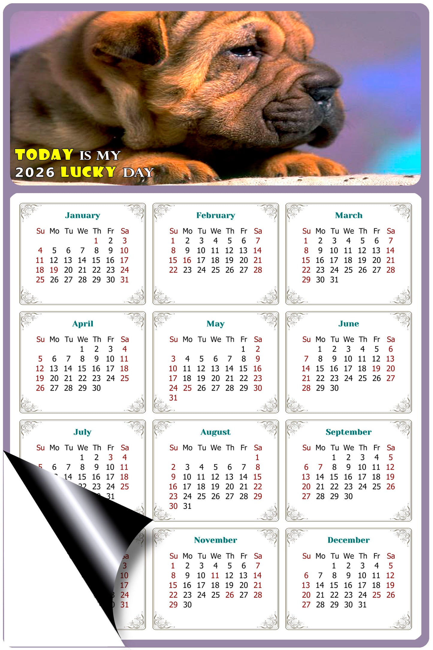 2026 Magnetic Calendar - Today is My Lucky Day (Fade, Tear, and Water Resistant)- Dogs Themed 012