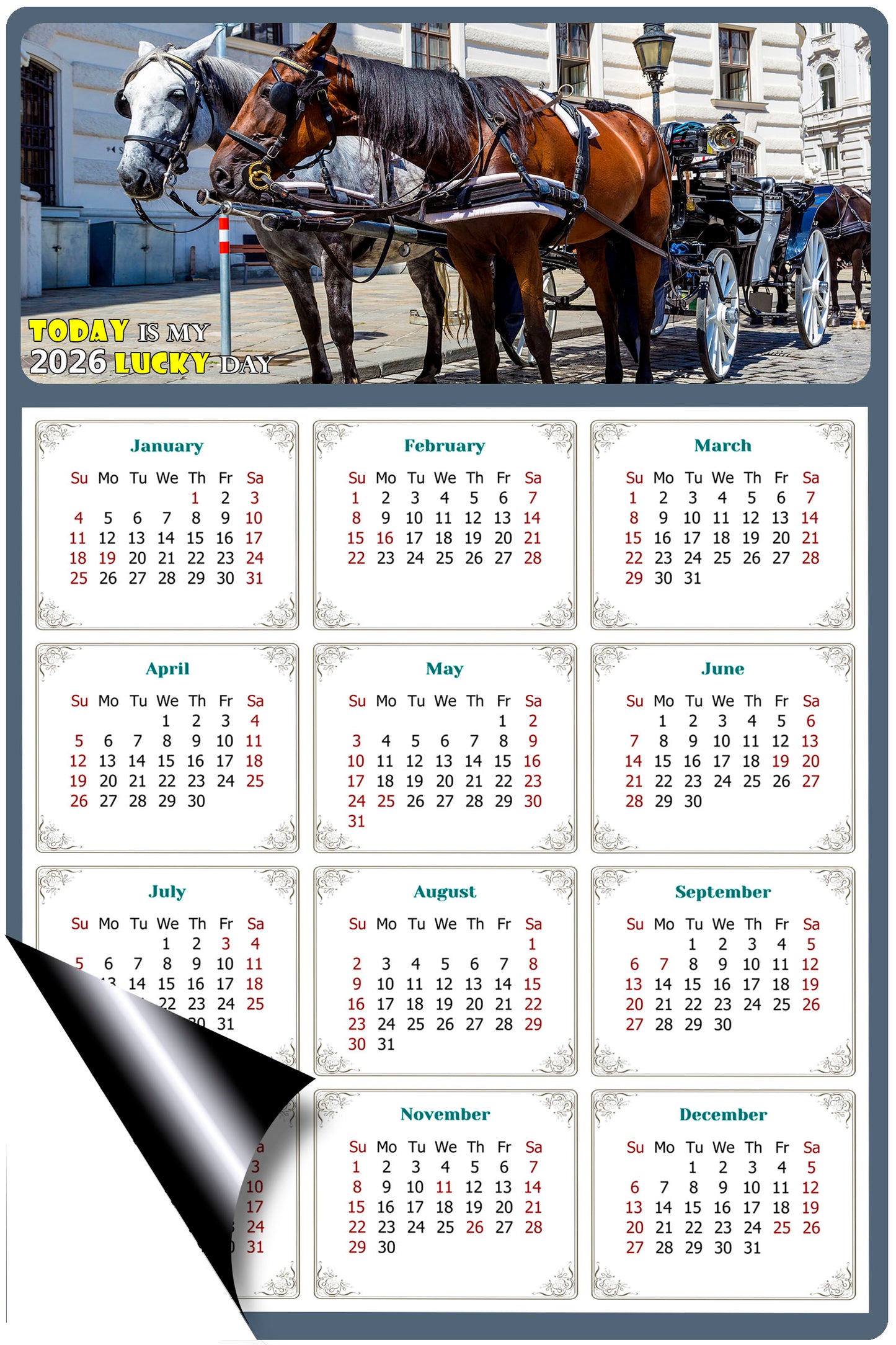2026 Magnetic Calendar - Calendar Magnets - Today is my Lucky Day - (Fade, Tear, and Water Resistant) - Horses Themed 018