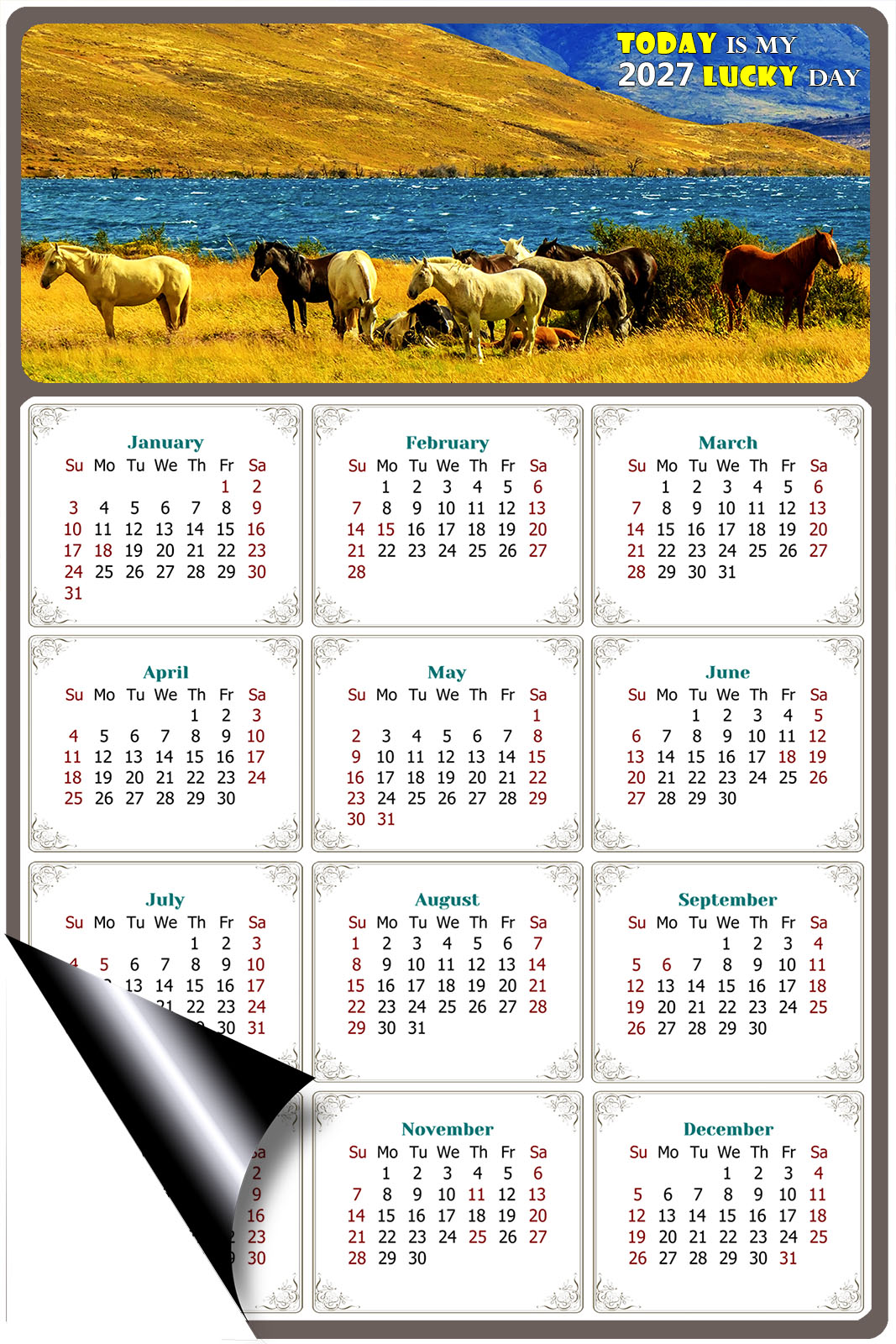 2027 Magnetic Calendar - Calendar Magnets - Today is my Lucky Day - (Fade, Tear, and Water Resistant) - Horses Themed 012