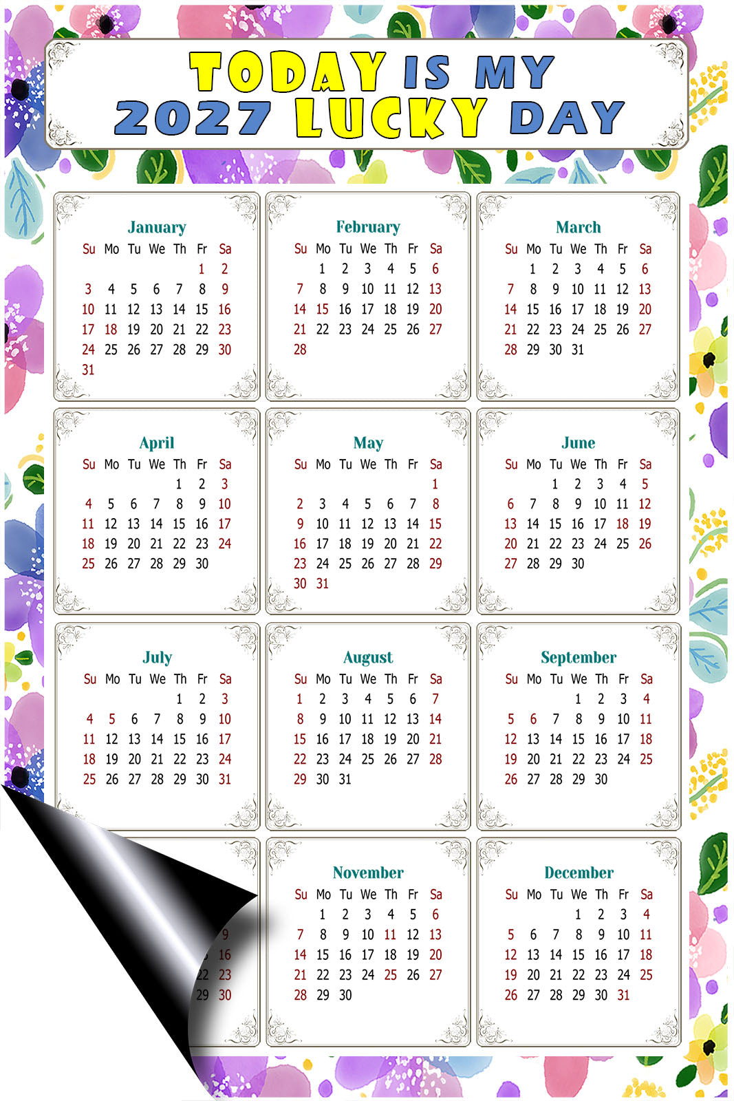 2027 Magnetic Calendar - Calendar Magnets - Today is my Lucky Day - (Fade, Tear, and Water Resistant) - Themed 015