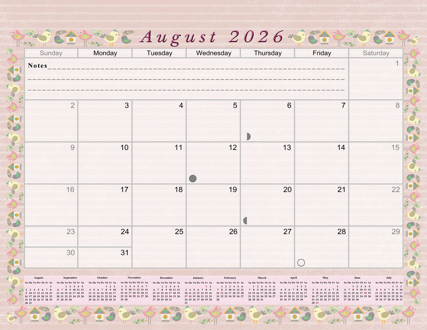 2026 - 2027 Academic Year 12 Months Student Calendar / College Planner for 3-Ring Binder, Desk or Wall -School Supplies - Made in USA -v002