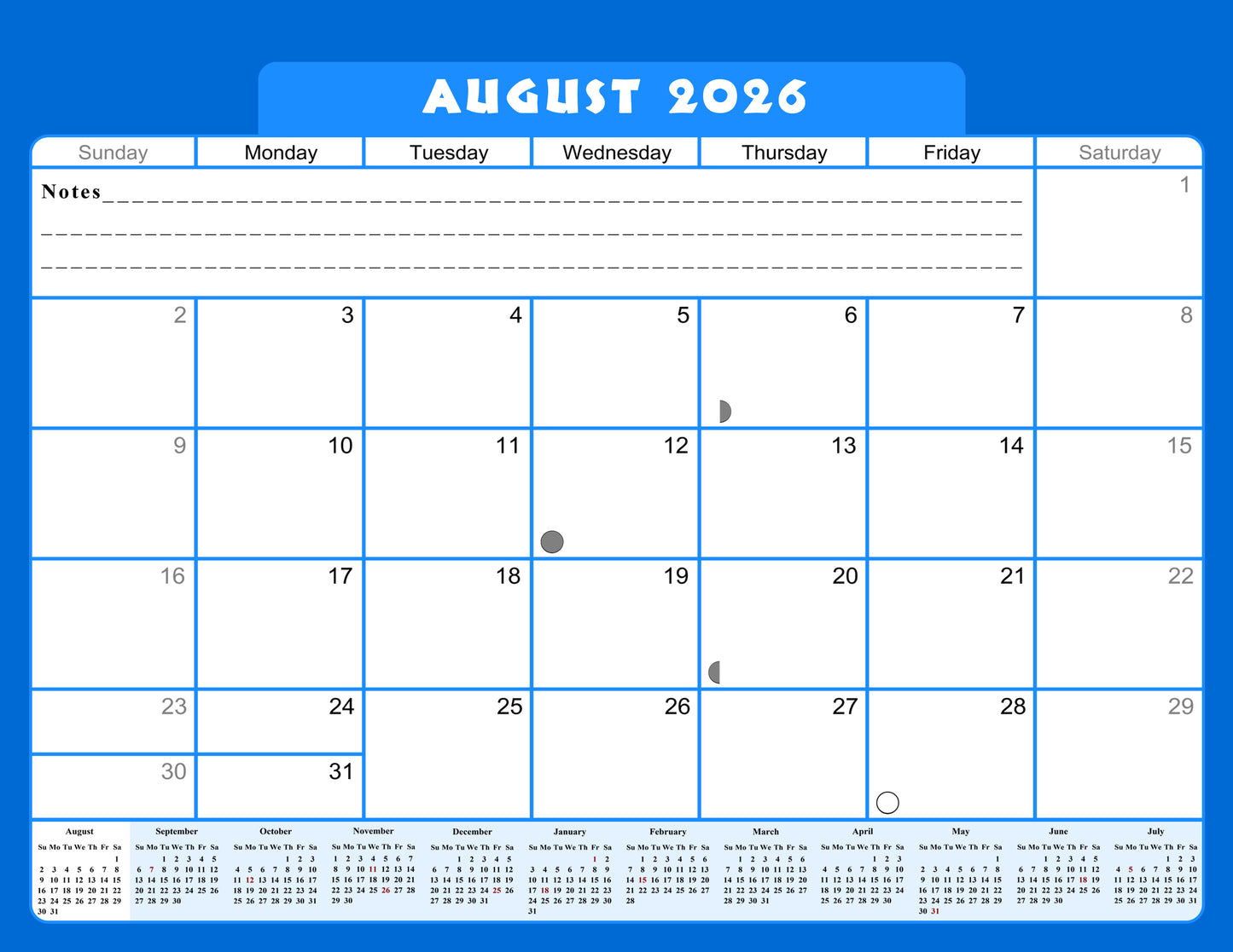 2026 - 2027 Academic Year 12 Months Student Calendar / College Planner for 3-Ring Binder, Desk or Wall -School Supplies - Made in USA -v004