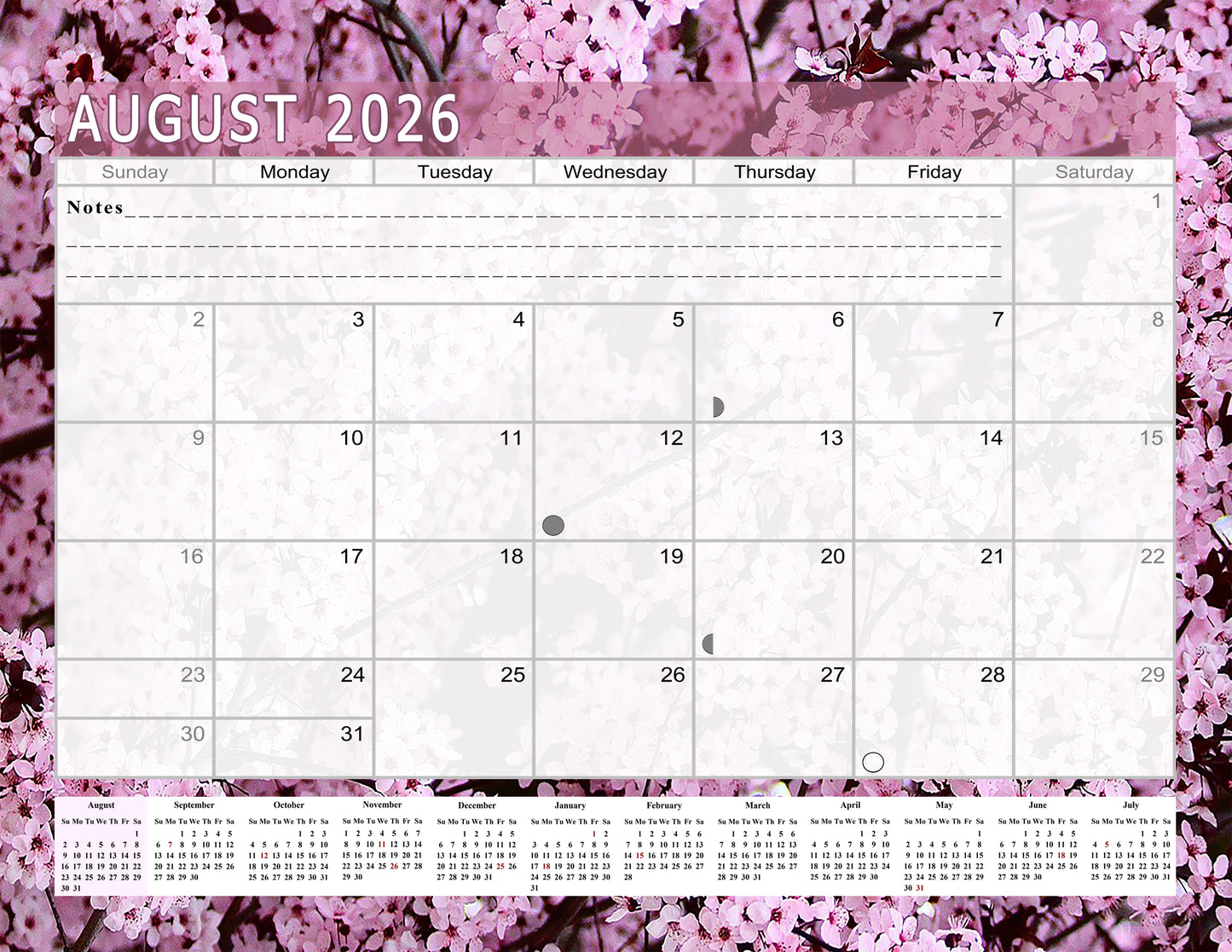 2026 - 2027 Academic Year 12 Months Student Calendar / College Planner for 3-Ring Binder, Desk or Wall -School Supplies - Made in USA -v021
