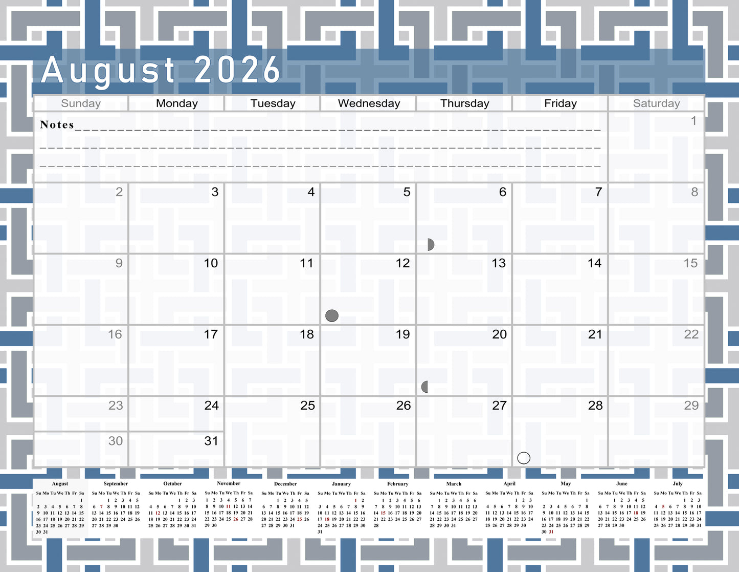 2026 - 2027 Academic Year 12 Months Student Calendar / College Planner for 3-Ring Binder, Desk or Wall -School Supplies - Made in USA -v014